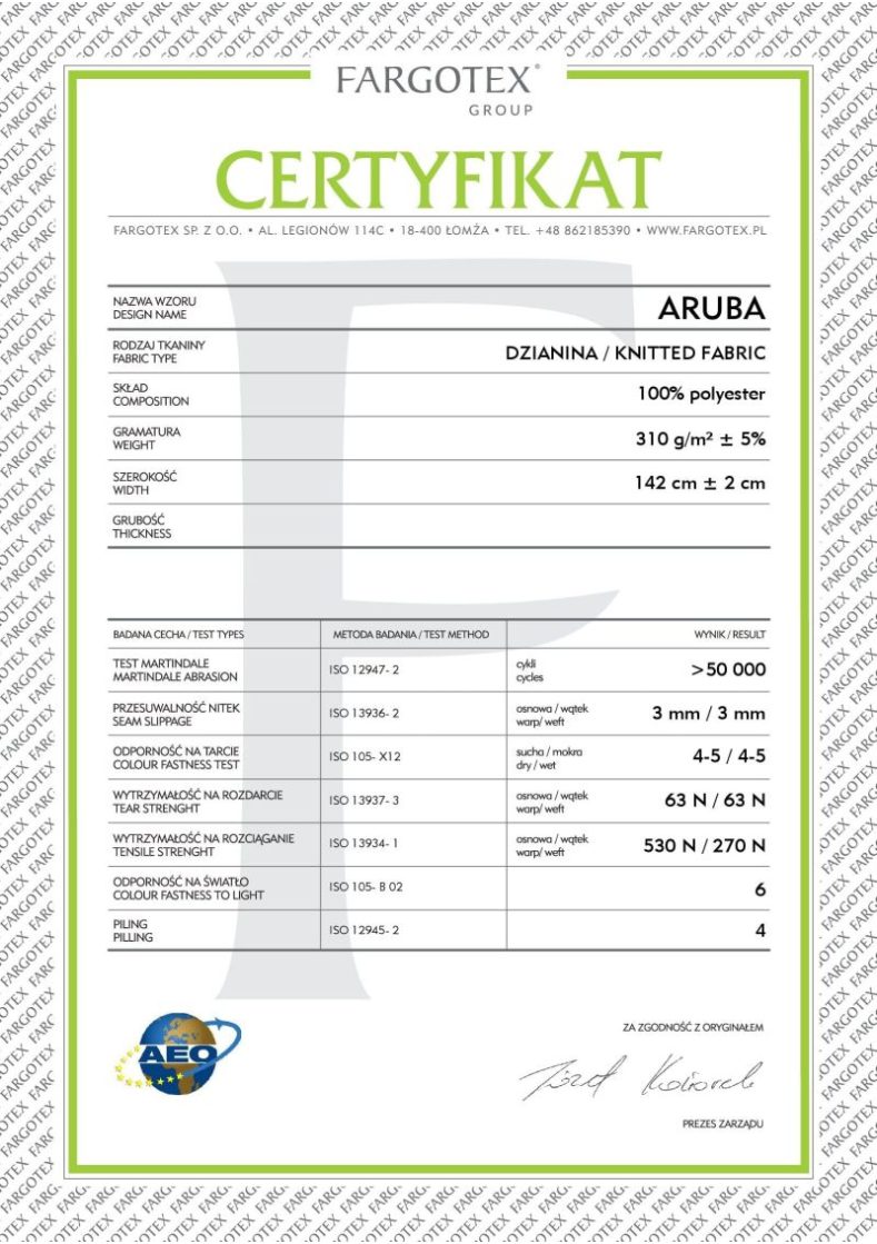 Quality Certificate (Aruba Fabric) 