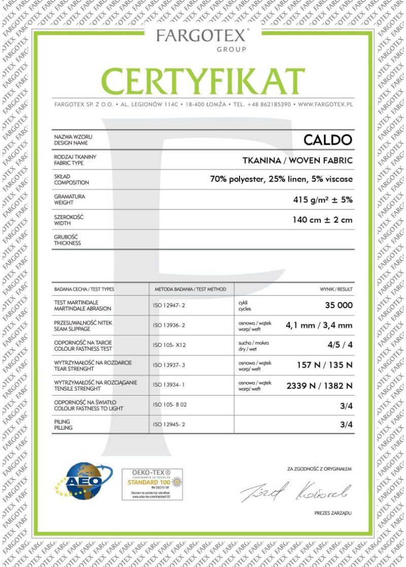 Quality Certificate (Caldo Fabric) 